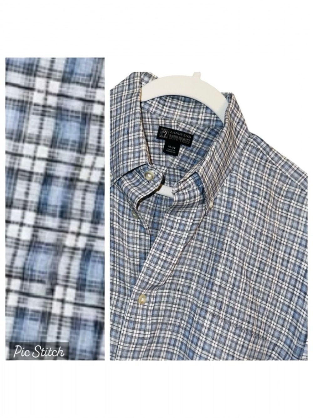 Lands End Baird McNutt Luxury Irish Linen 16 32 L/S Blue Plaid Shirt Coastal